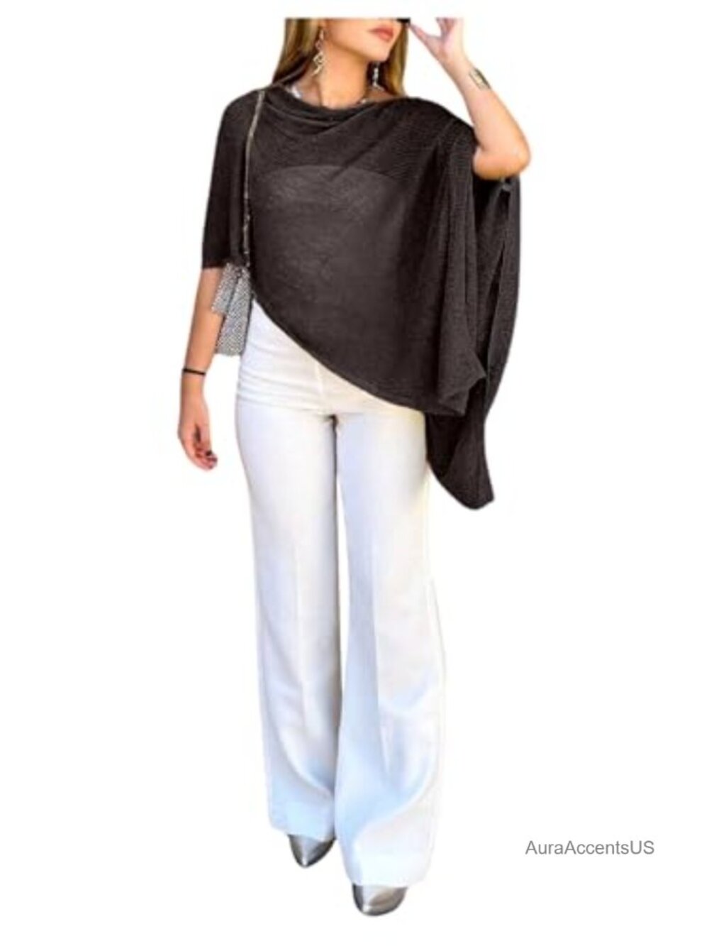 Sheer Shawl Cape Top Lightweight Knit Sweater Asymmetrical Hem